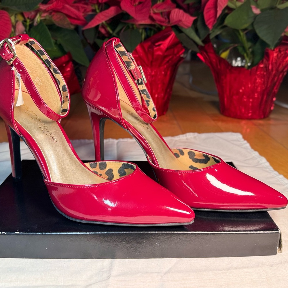 Christian Siriano Red Heels with Thin Ankle Strap and High Stiletto Heel